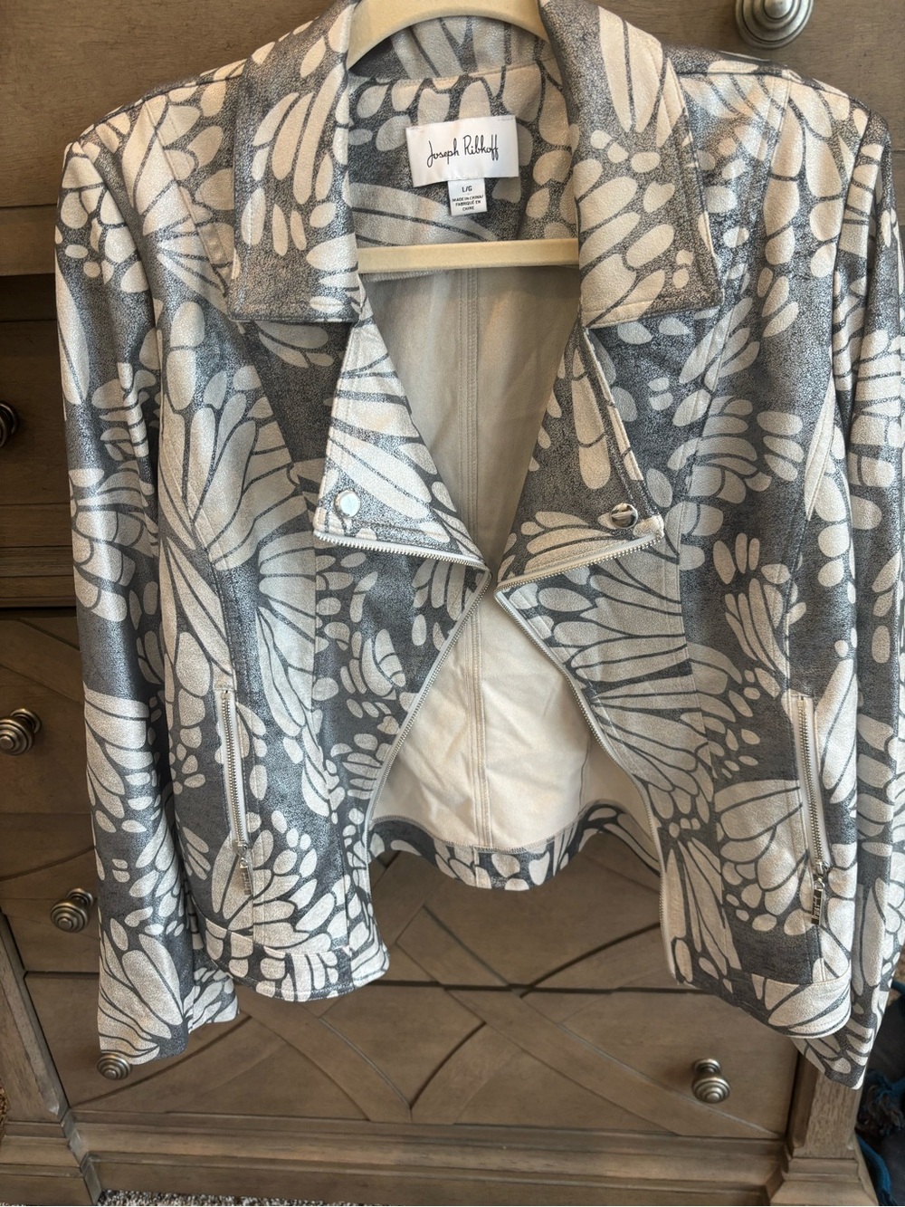 Joseph Ribkoff Women's Gray & White Floral Moto Jacket Size L